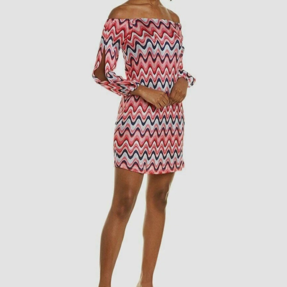 Trina Turk Dress Size 10 Pink And Blue Wave Print Lined Knit
